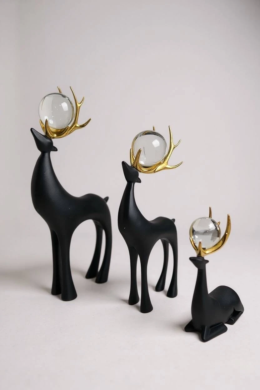 Üçlü Dekoratif Geyik Biblo - Siyah