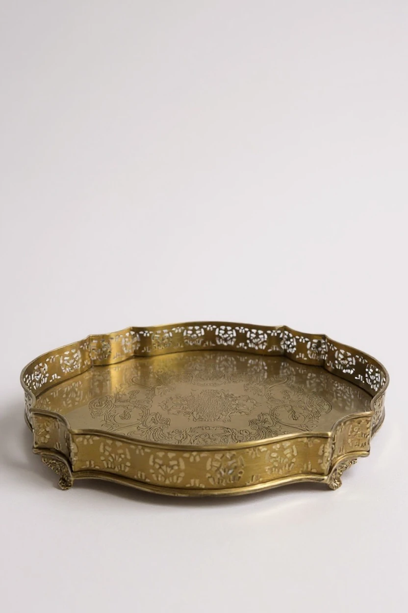 Pirinç İşlemeli Dekoratif Servis ve Sunum Tepsisi