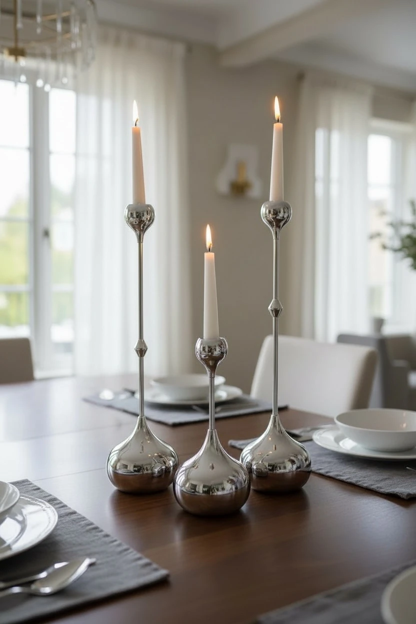 Modern Metal Üçlü Şamdan Seti - Krom