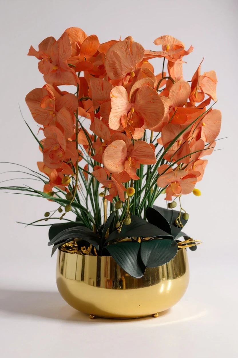 Gold Saksılı Turuncu Yapay Orkide Aranjmanı