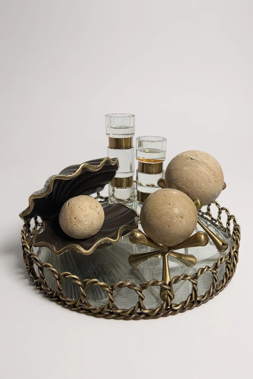 Traverten Aksesuarlı Dekoratif Aynalı Tepsi Seti - Eskitme