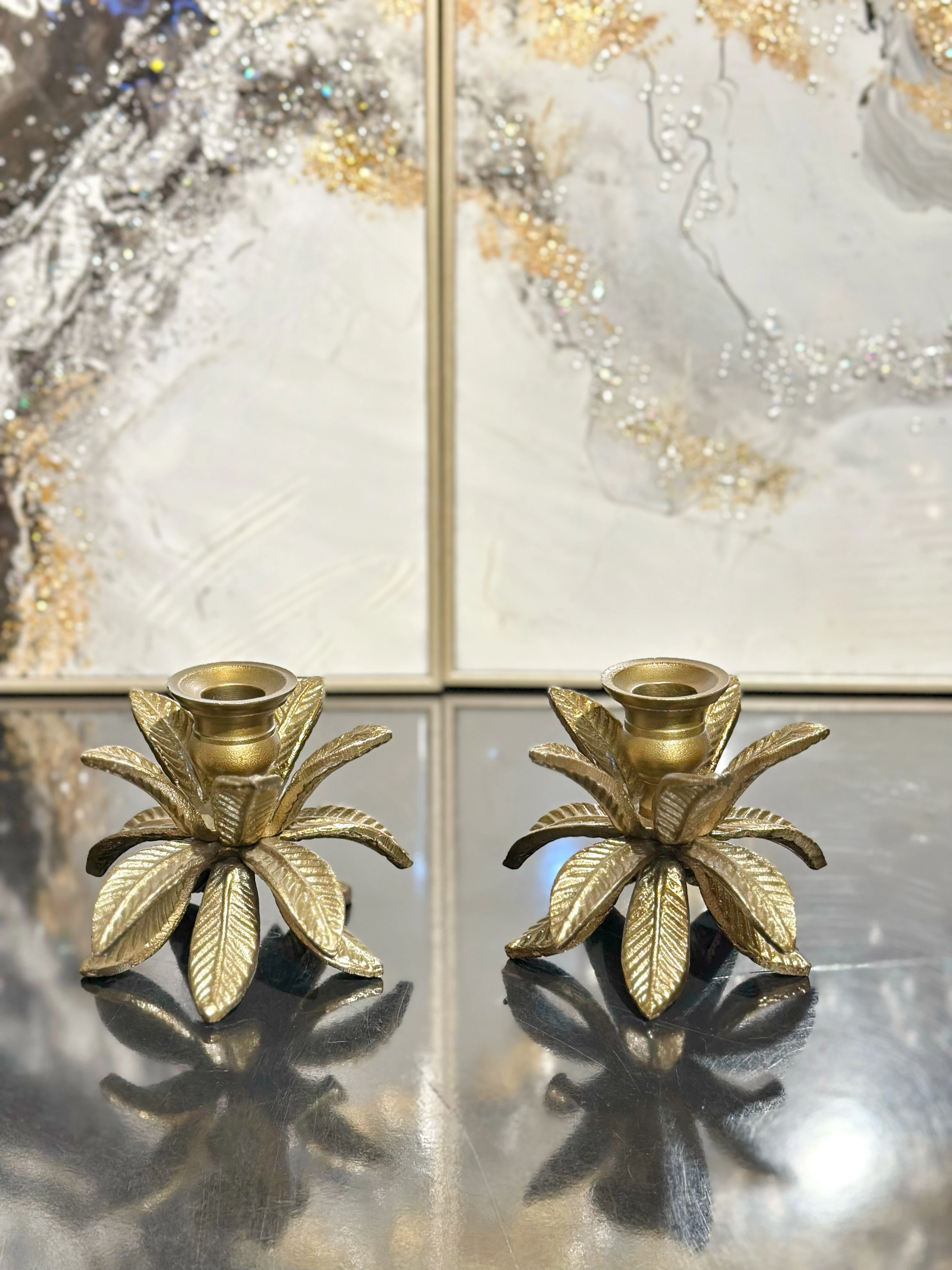 Döküm Yaprak İkili Şamdan - Eskitme