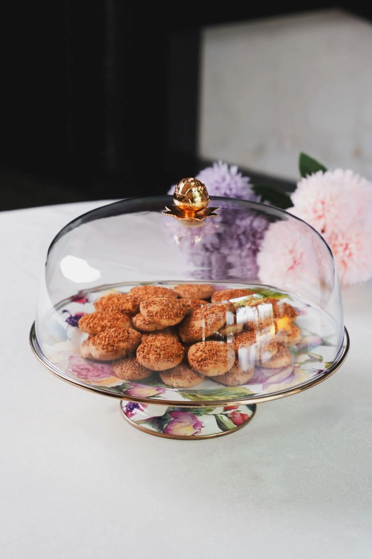 Rose Deluxe Gül Desenli Ayaklı Emaye Kapaklı Kek Fanusu