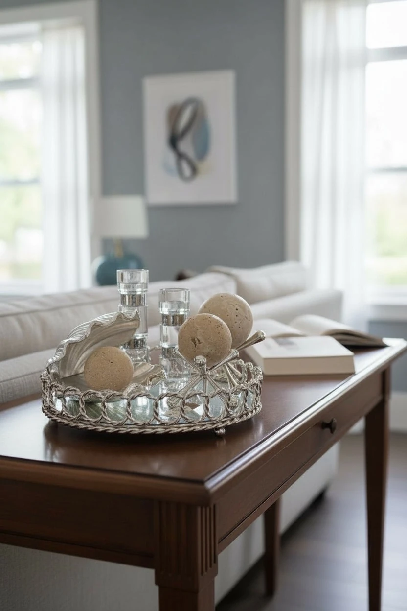 Traverten Aksesuarlı Dekoratif Aynalı Tepsi Seti - Gümüş