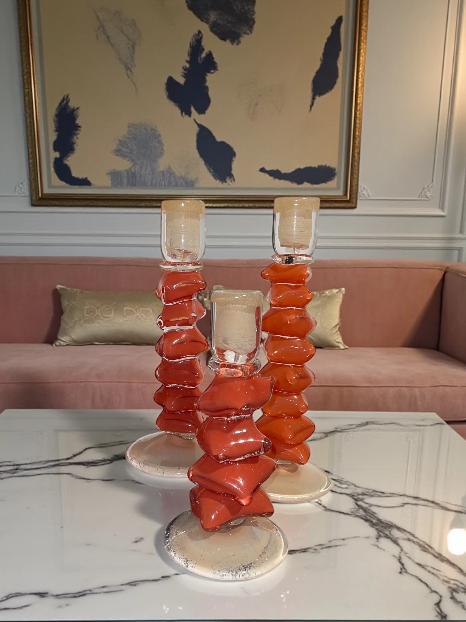 Domino Üçlü Cam Şamdan Mumluk - Turuncu