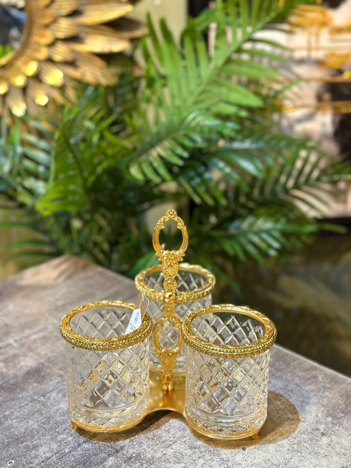 Üç Bölmeli Cam Kaşıklık - Gold
