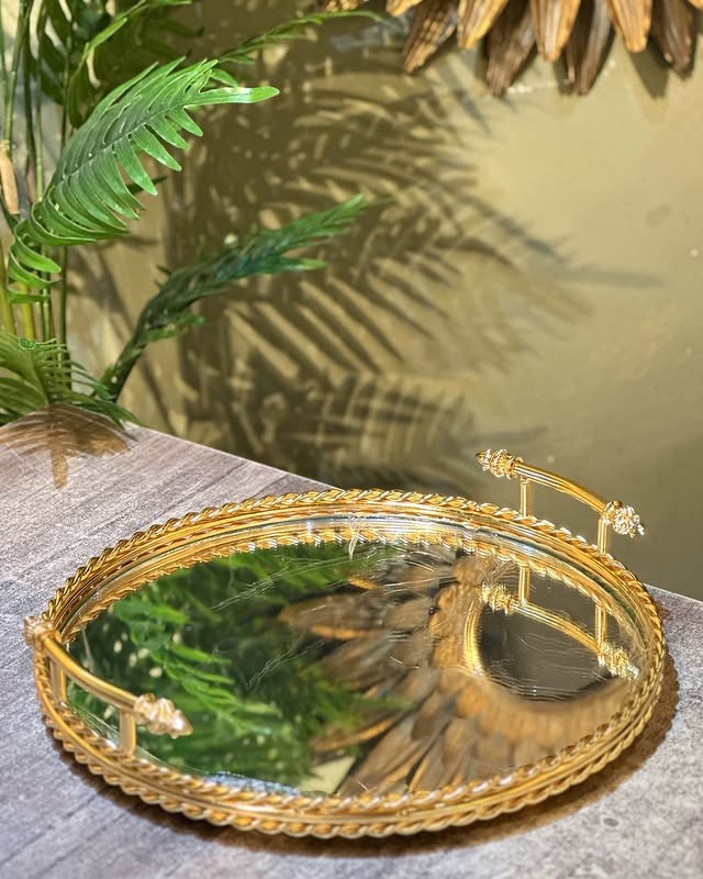 Yuvarlak Gold Kulplu Dekoratif Tepsi