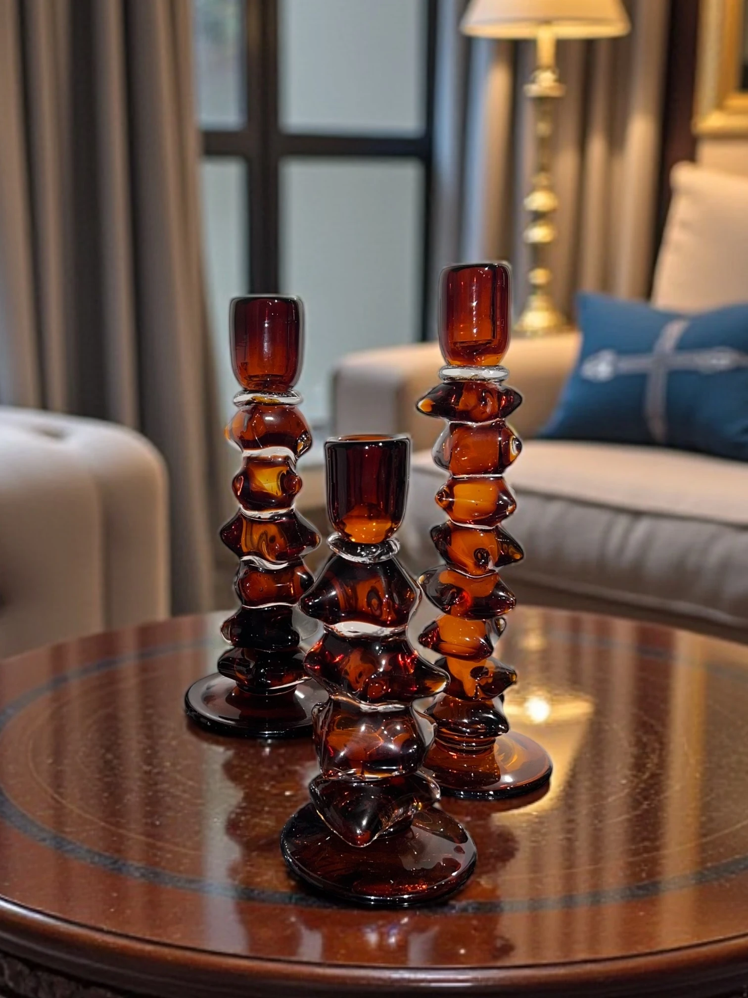 Domino Üçlü Cam Şamdan Mumluk - Amber