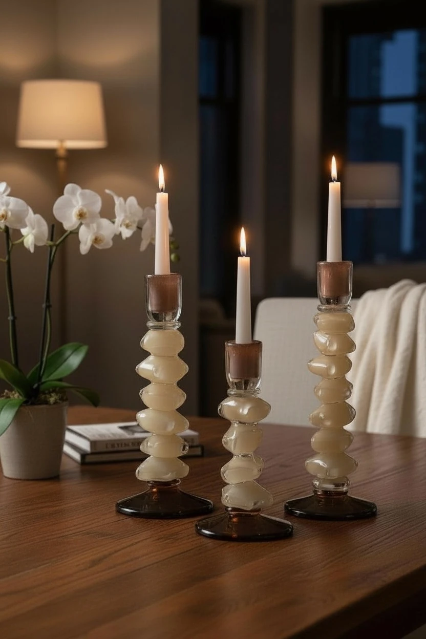 Domino Üçlü Cam Şamdan Mumluk - Kahve