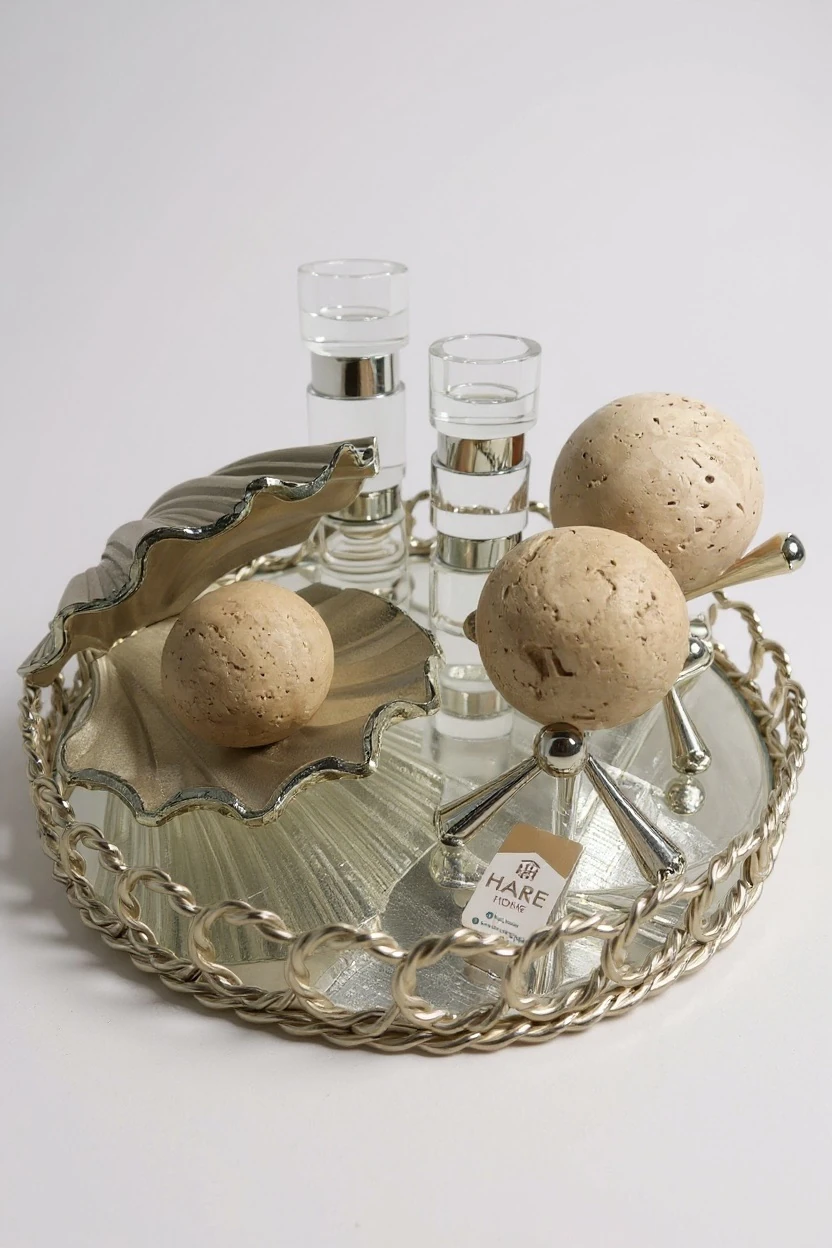 Traverten Aksesuarlı Dekoratif Aynalı Tepsi Seti - Gümüş