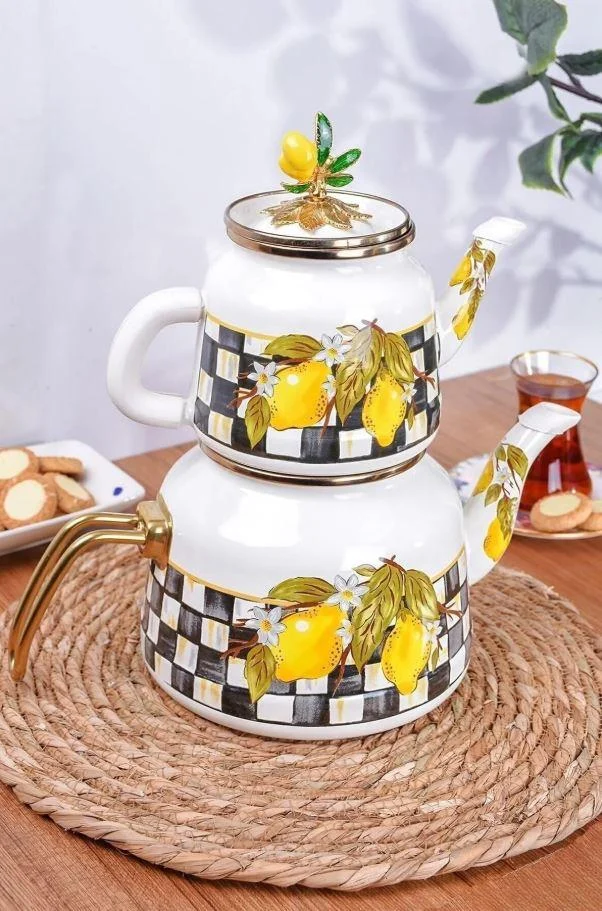 Linda Limon Desenli Emaye Çaydanlık