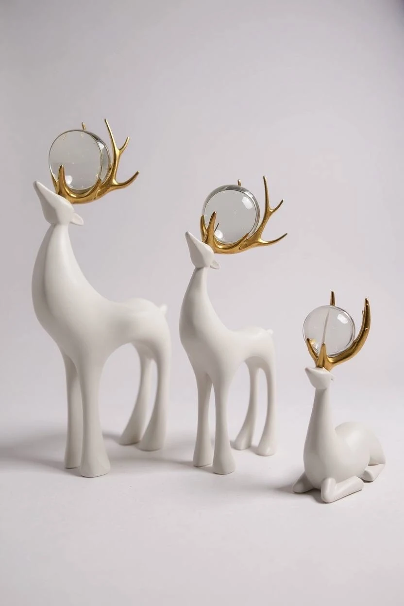 Üçlü Dekoratif Geyik Biblo - Beyaz