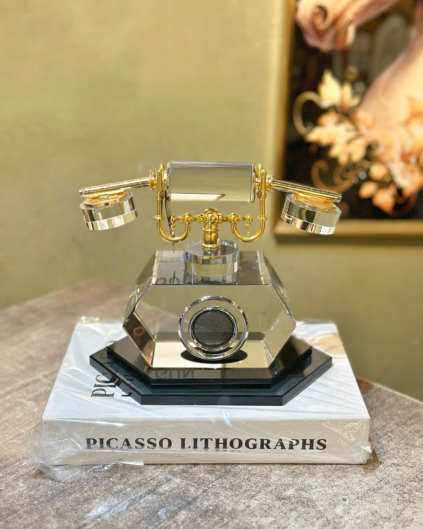 Kristal Cam Dekoratif Antika Telefon Gold