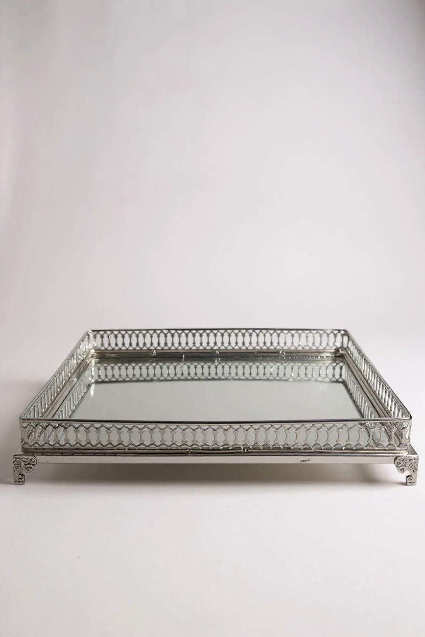 Saray Motifli Dekoratif Dörtgen Tepsi - Gümüş