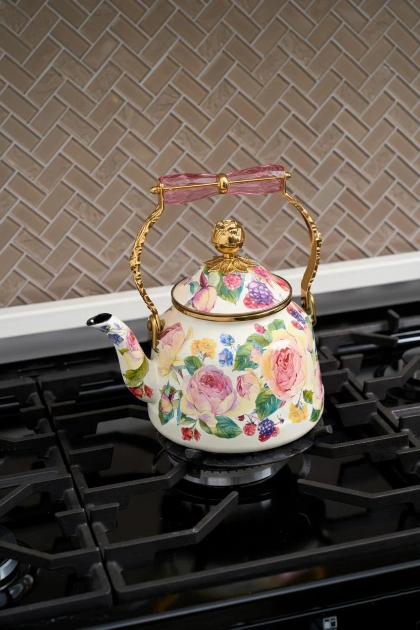 Rose Deluxe Gül Desenli Emaye Kettle Demlik