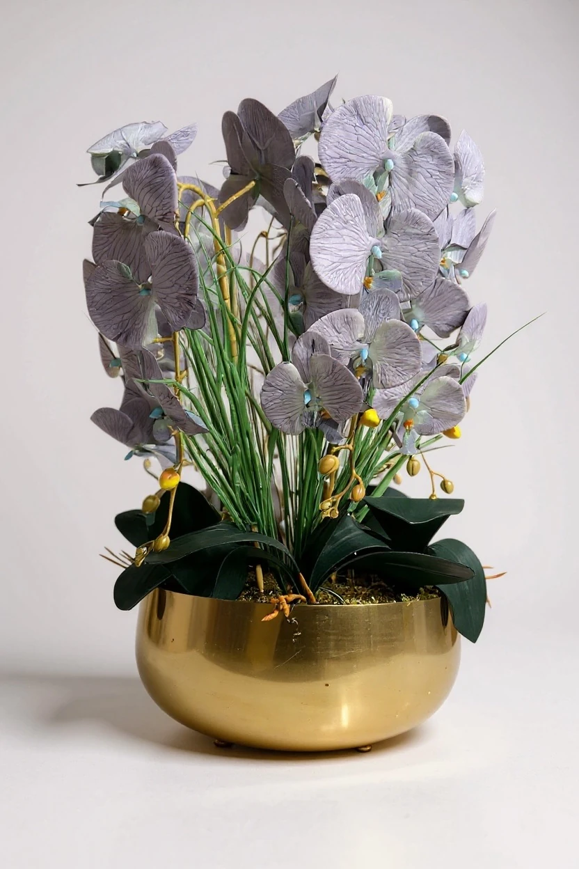 Eskitme Saksılı Mor Yapay Orkide Aranjmanı