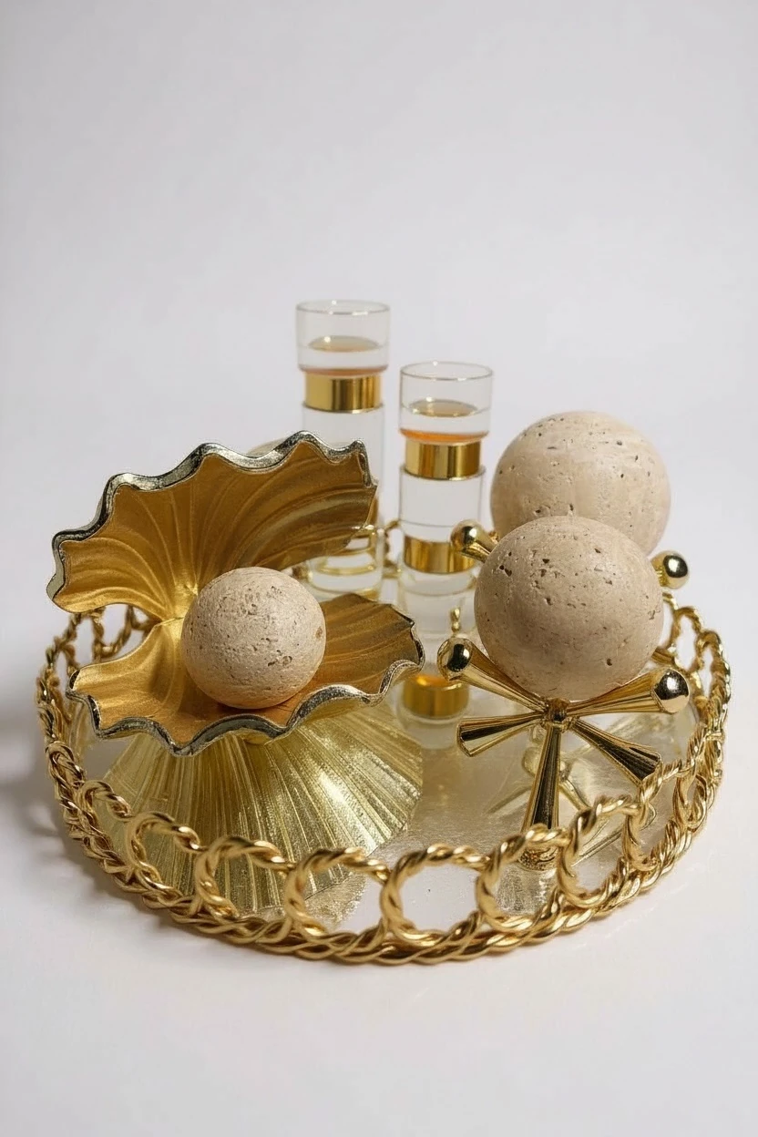 Traverten Aksesuarlı Dekoratif Aynalı Tepsi Seti - Gold