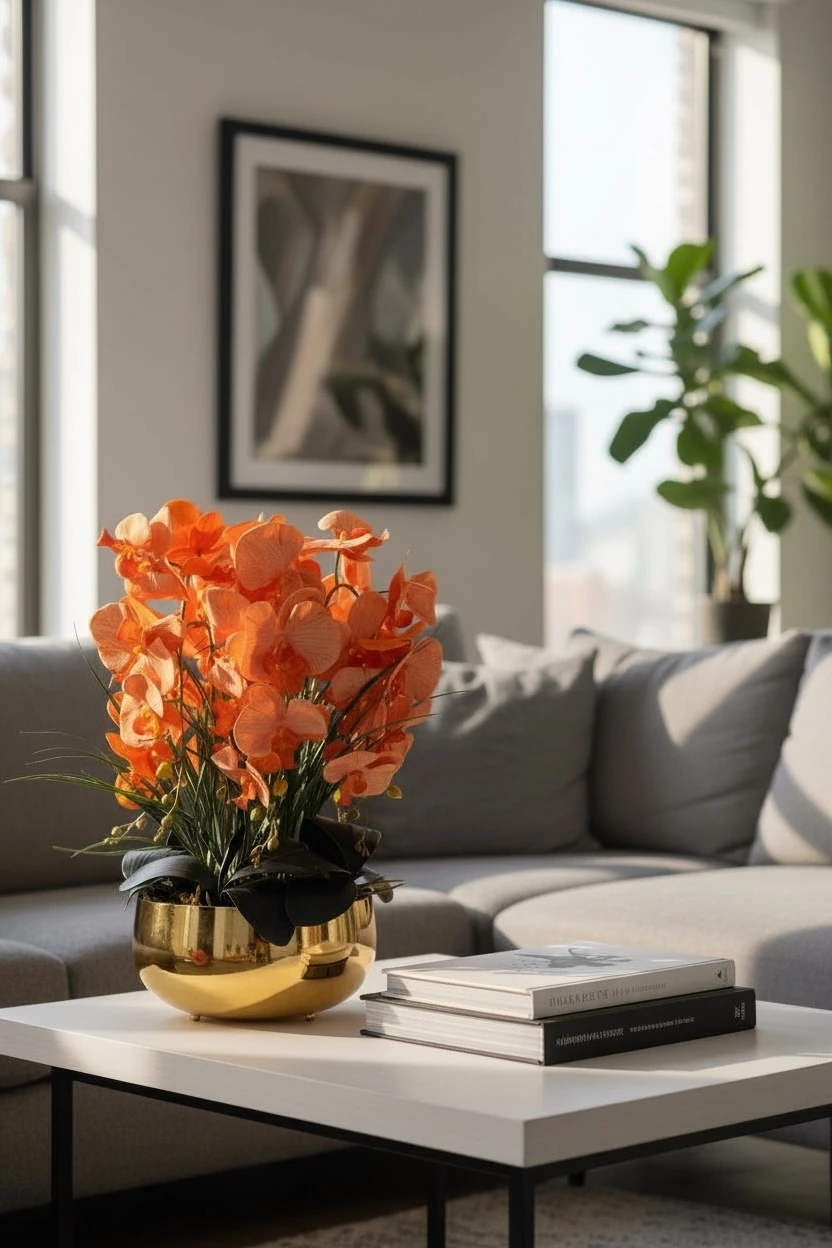 Gold Saksılı Turuncu Yapay Orkide Aranjmanı