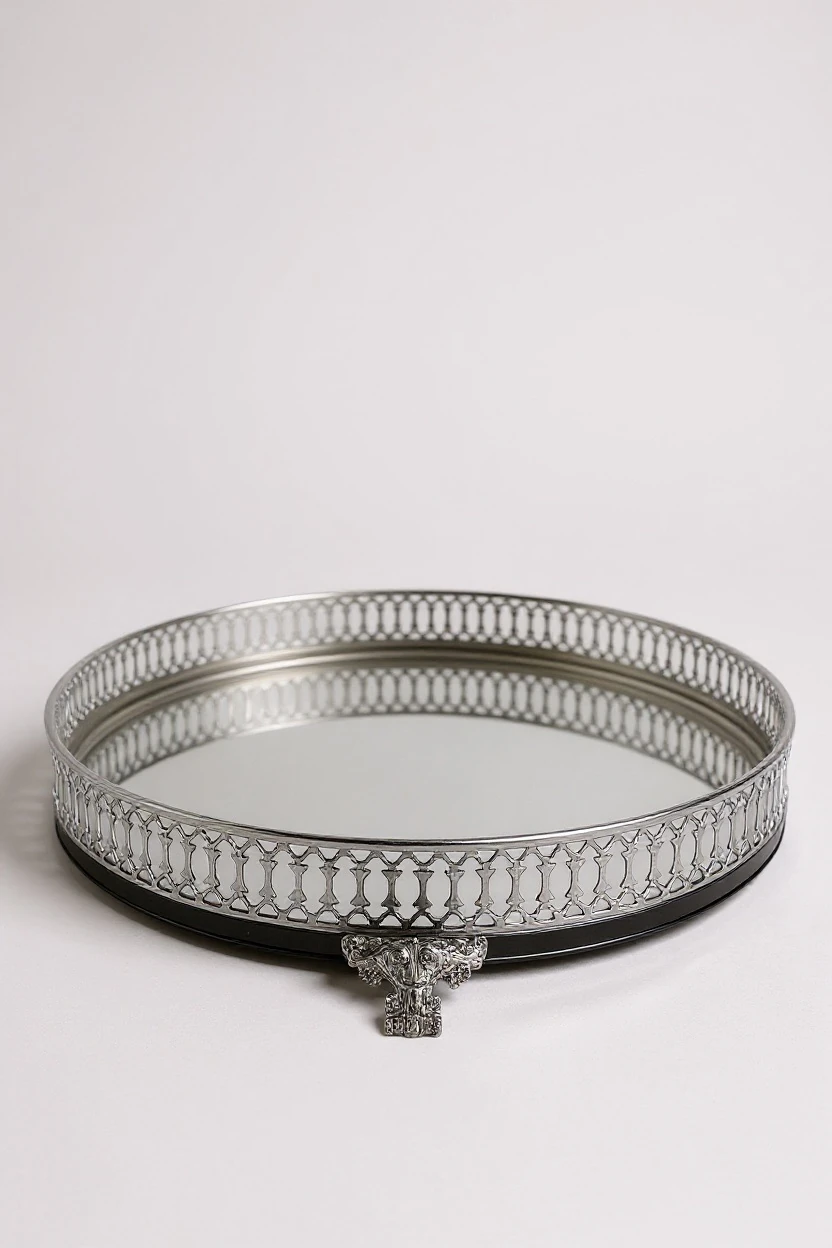 Saray Motifli Dekoratif Yuvarlak Tepsi - Gümüş
