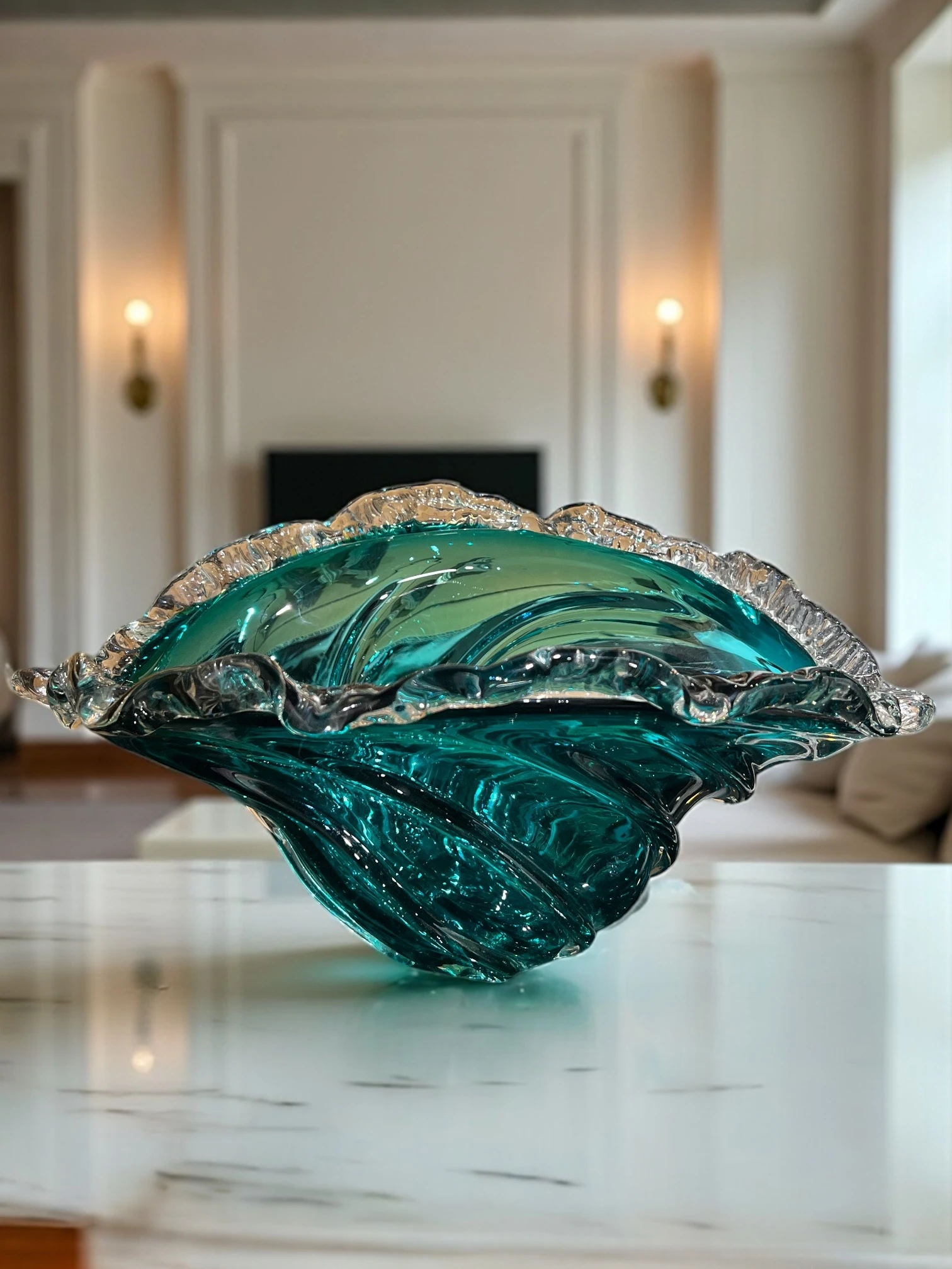 Turkuaz Dalga Formlu Dekoratif Cam Kase