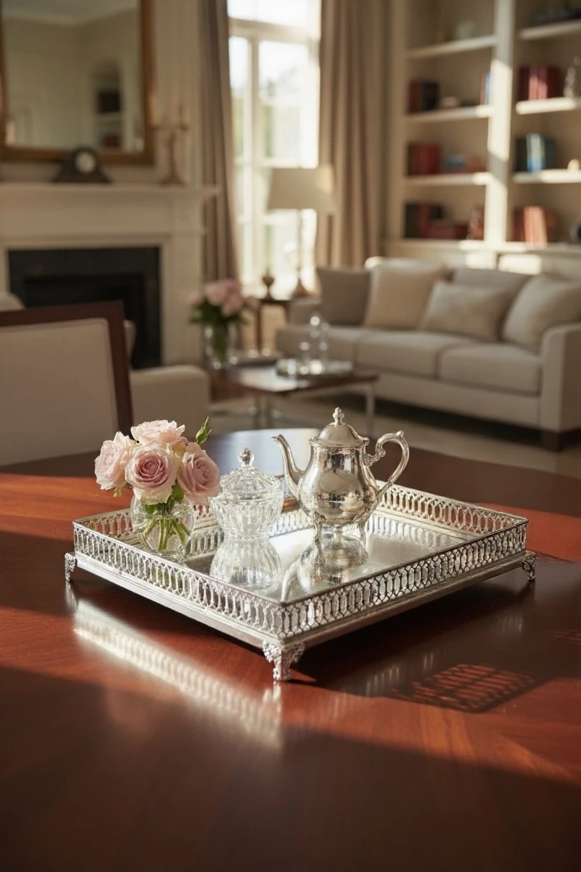 Saray Motifli Dekoratif Dörtgen Tepsi - Gümüş