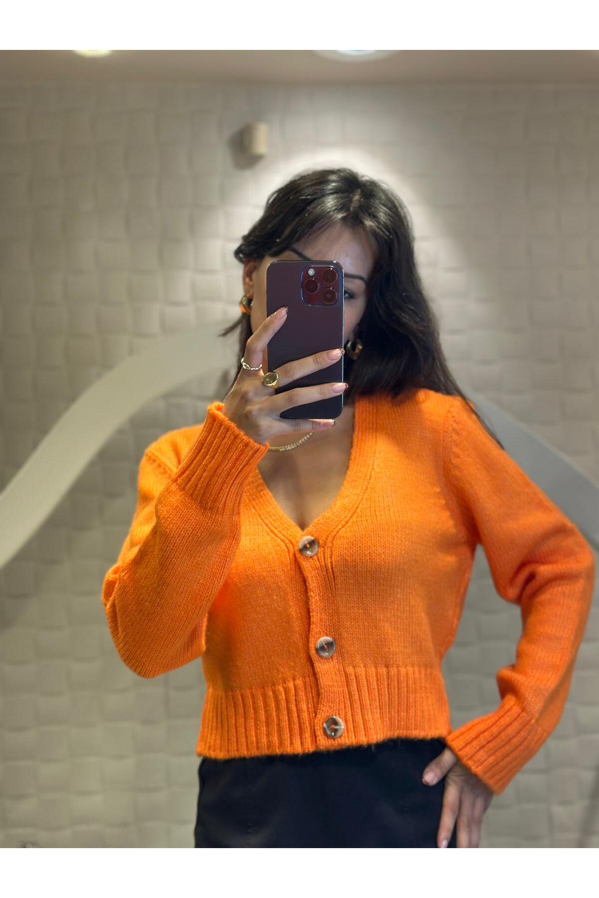 Kadın V Yaka Örgü Crop Hırka Orange