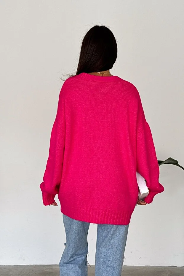 Düşük Omuz Oversize Triko Hırka Fuşya