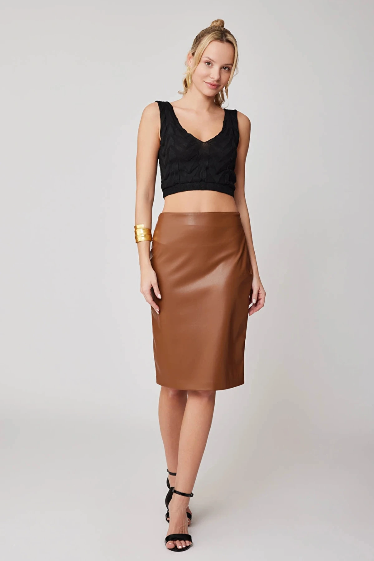 Kadın Kahverengi Arkası Yırtmaçlı şardonlu Deri Kalem Etek