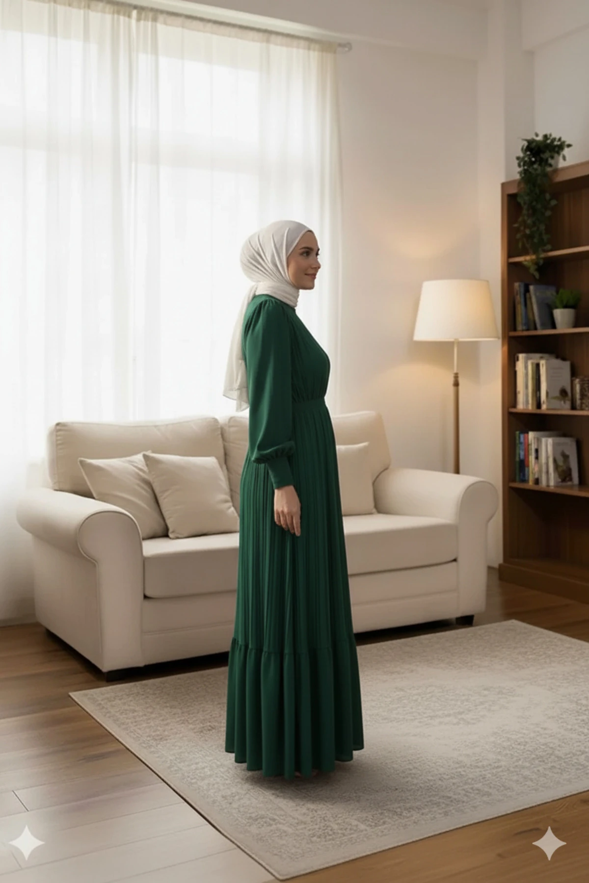 Zümrüt Piliseli Şifon Tesettür Elbise