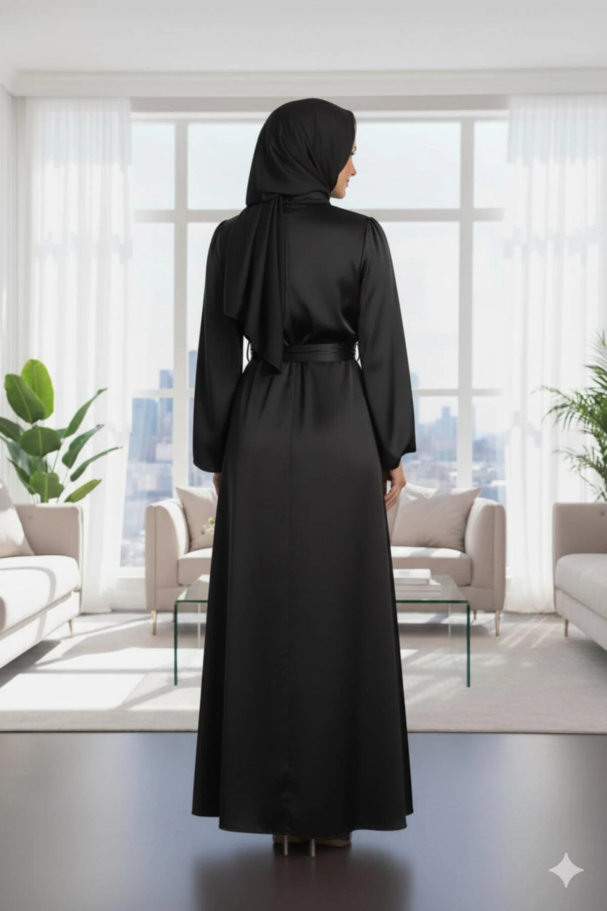 Siyah Çapraz Bağlamalı Yakası Ve Beli Büzgülü Saten Tesettür Elbise