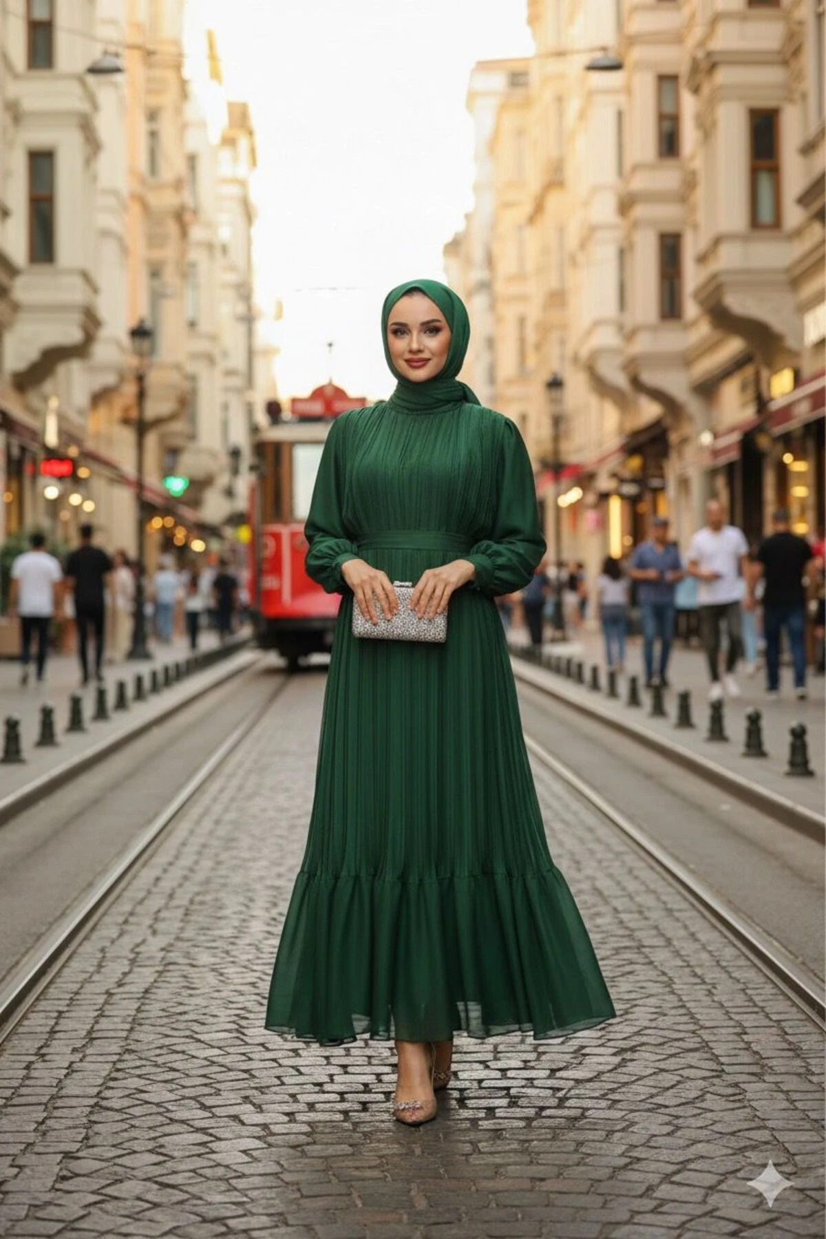 Zümrüt Piliseli Şifon Tesettür Elbise