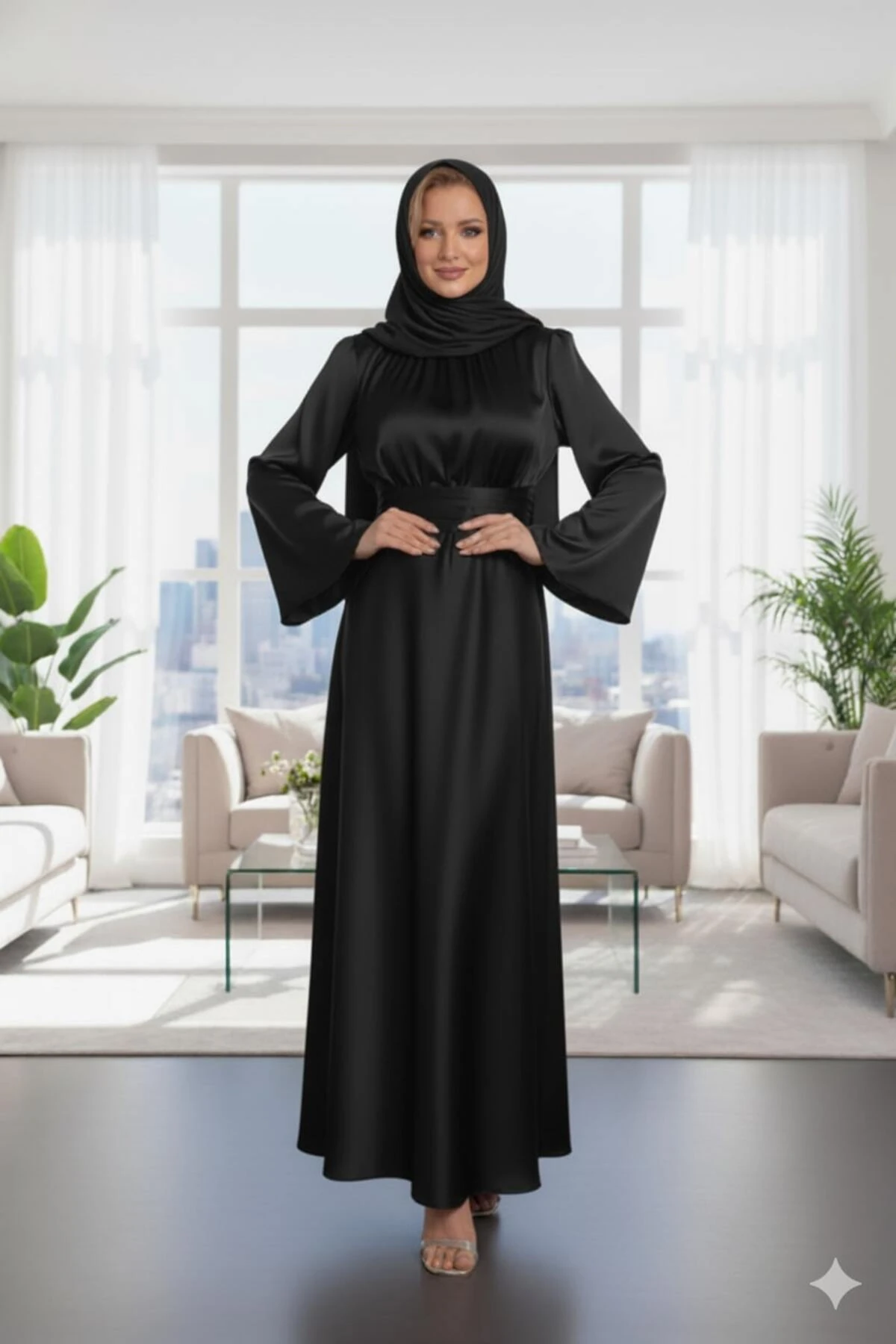 Siyah Çapraz Bağlamalı Yakası Ve Beli Büzgülü Saten Tesettür Elbise