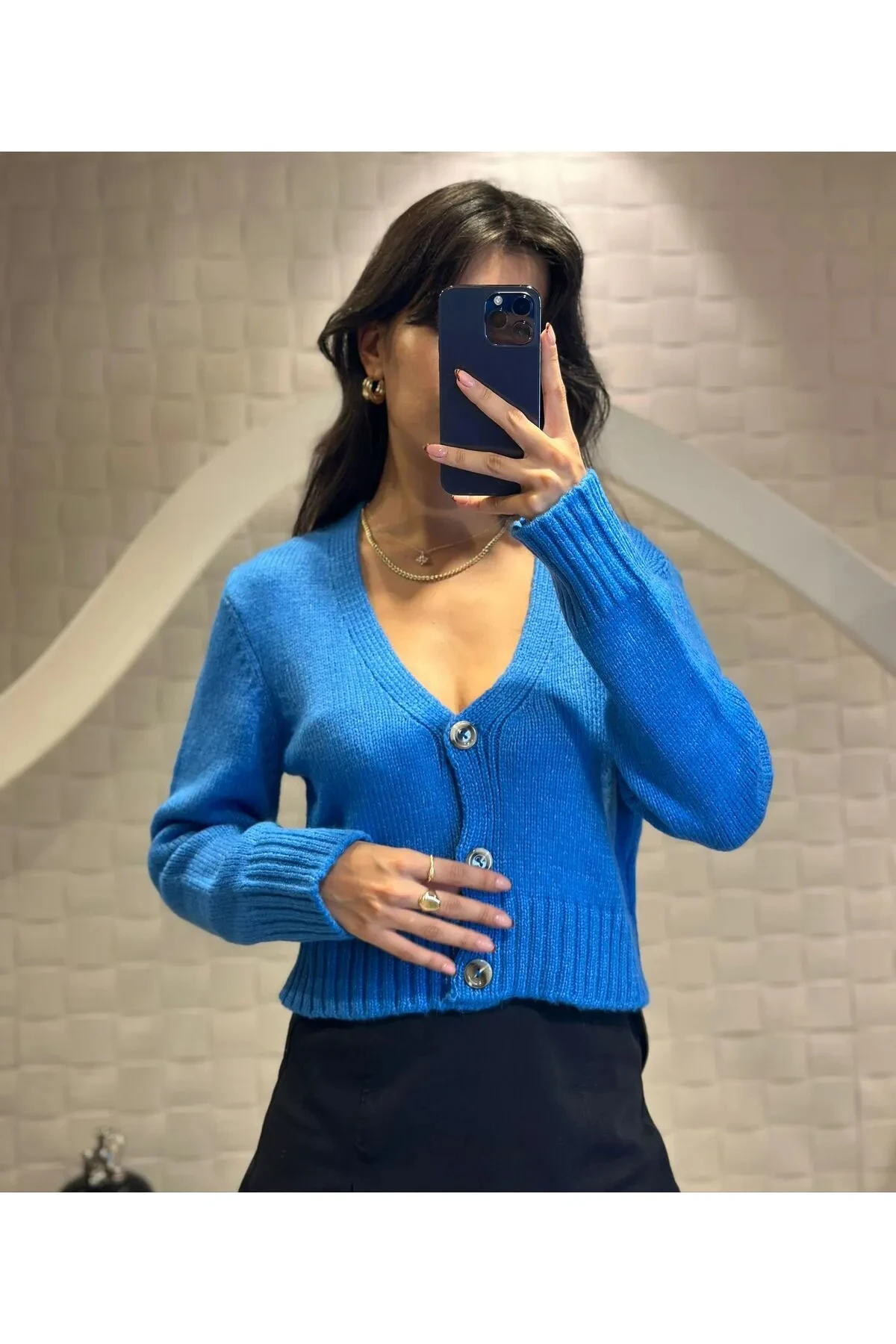 Kadın V Yaka Örgü Crop Hırka Mavi