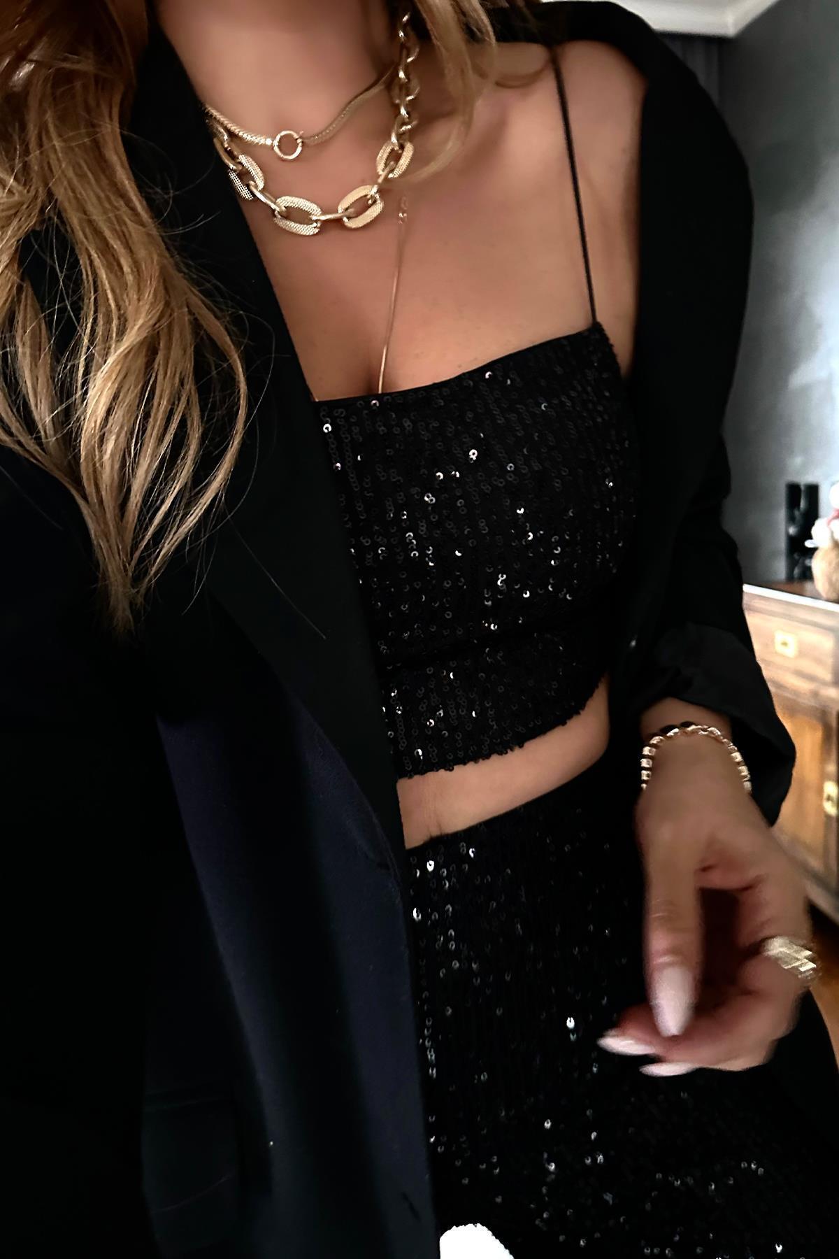 Payetli Bol Paça Pantolon Siyah