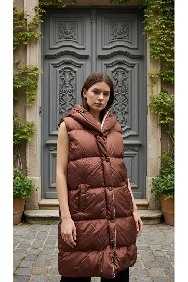 Kadın Kapüşonlu Şişme Yelek Kremit