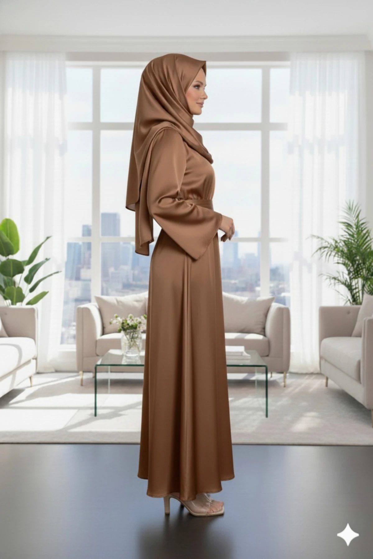 Kahve Çapraz Bağlamalı Yakası Ve Beli Büzgülü Saten Tesettür Elbise