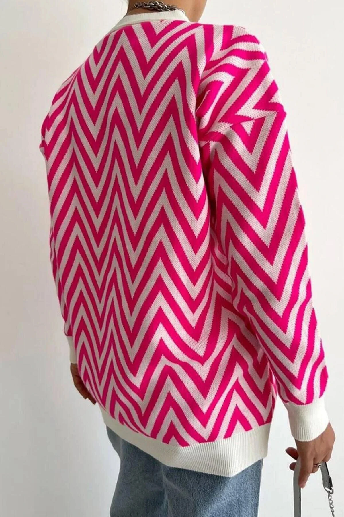 Triko Hırka Fuşya Çizgi detay