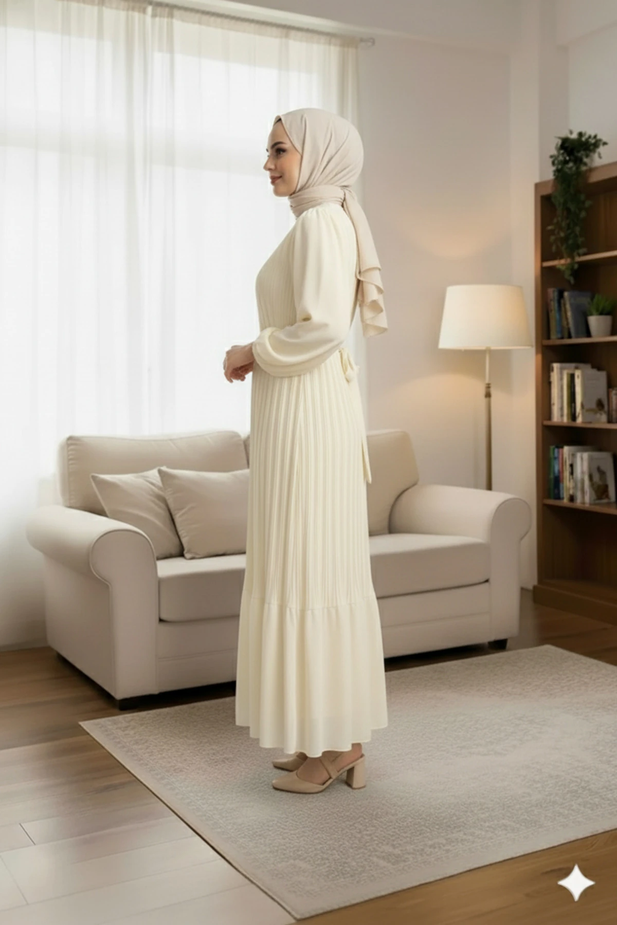 Krem Piliseli Şifon Tesettür Elbise