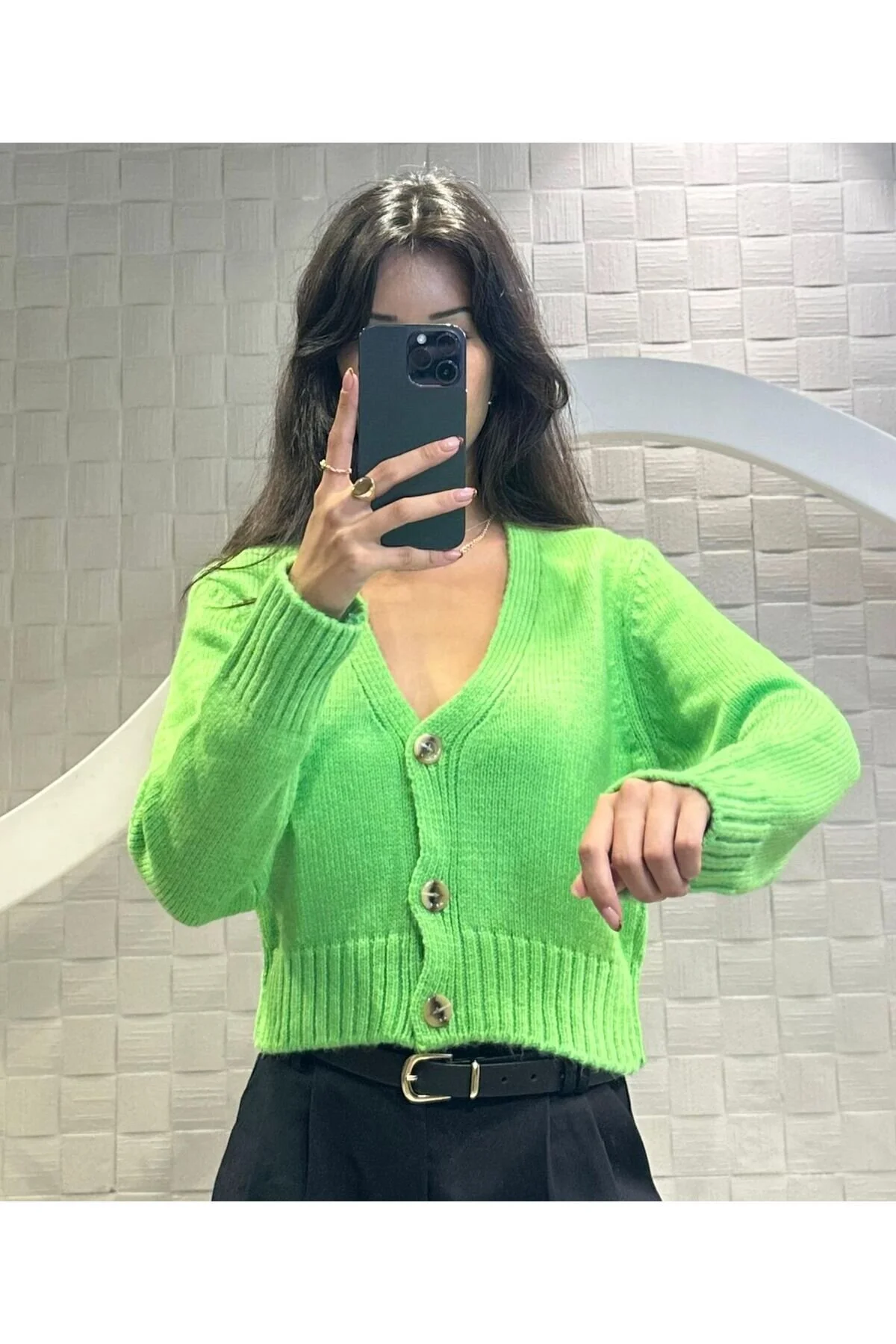 Kadın V Yaka Örgü Crop Hırka Fıstık Yeşili