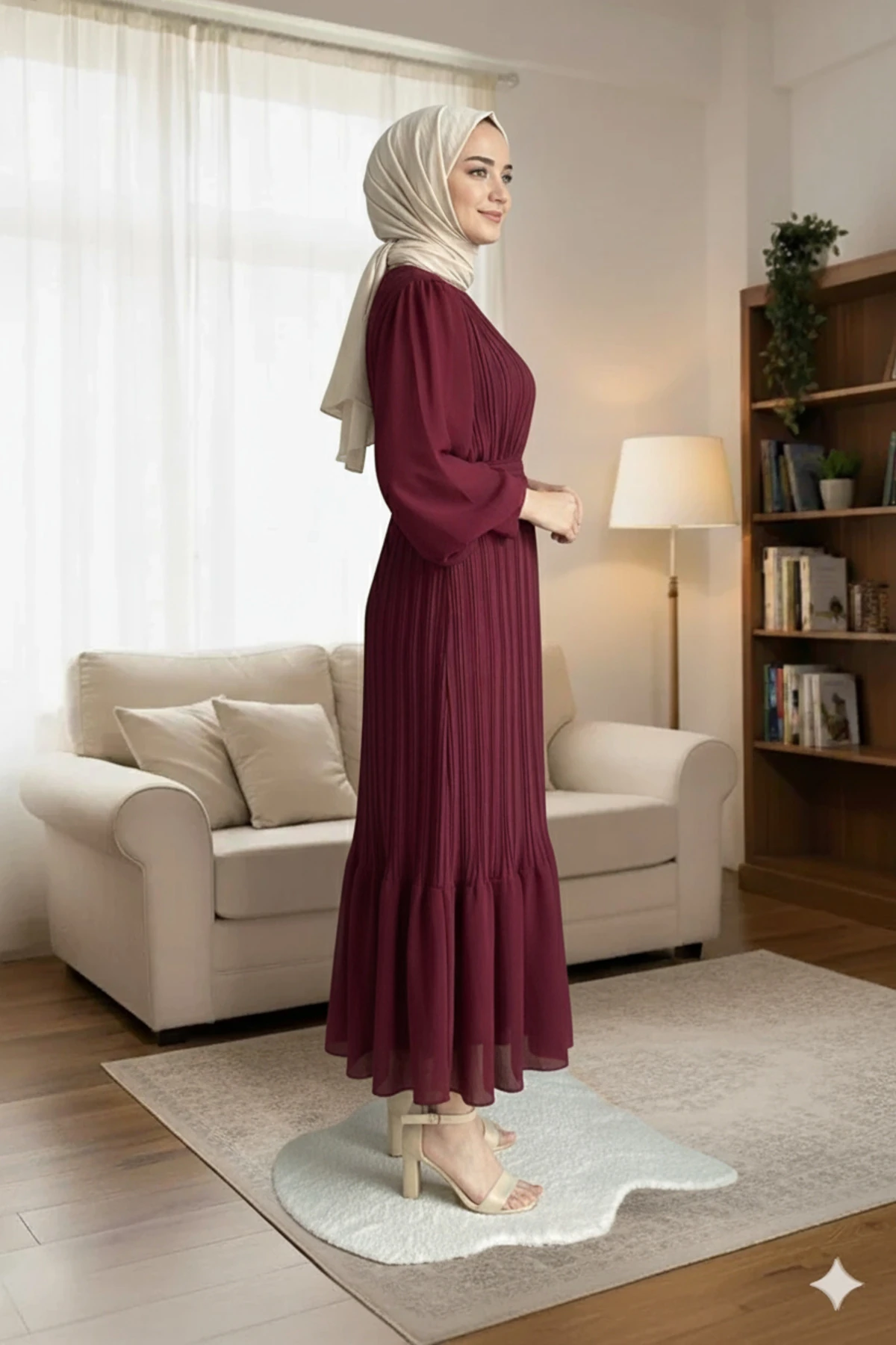 Bordo piliseli Şifon Tesettür Elbise