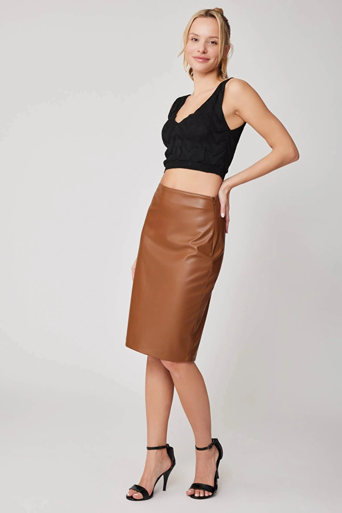 Kadın Kahverengi Arkası Yırtmaçlı şardonlu Deri Kalem Etek