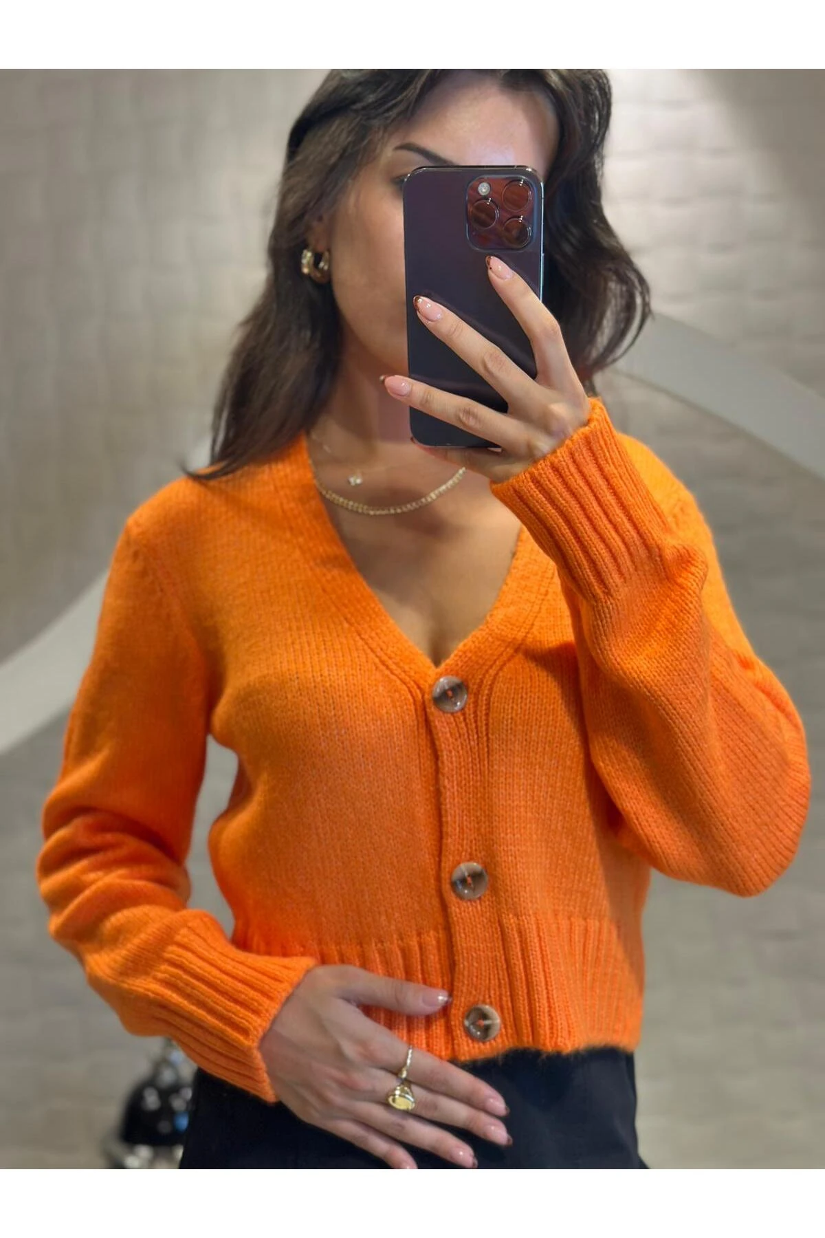 Kadın V Yaka Örgü Crop Hırka Orange