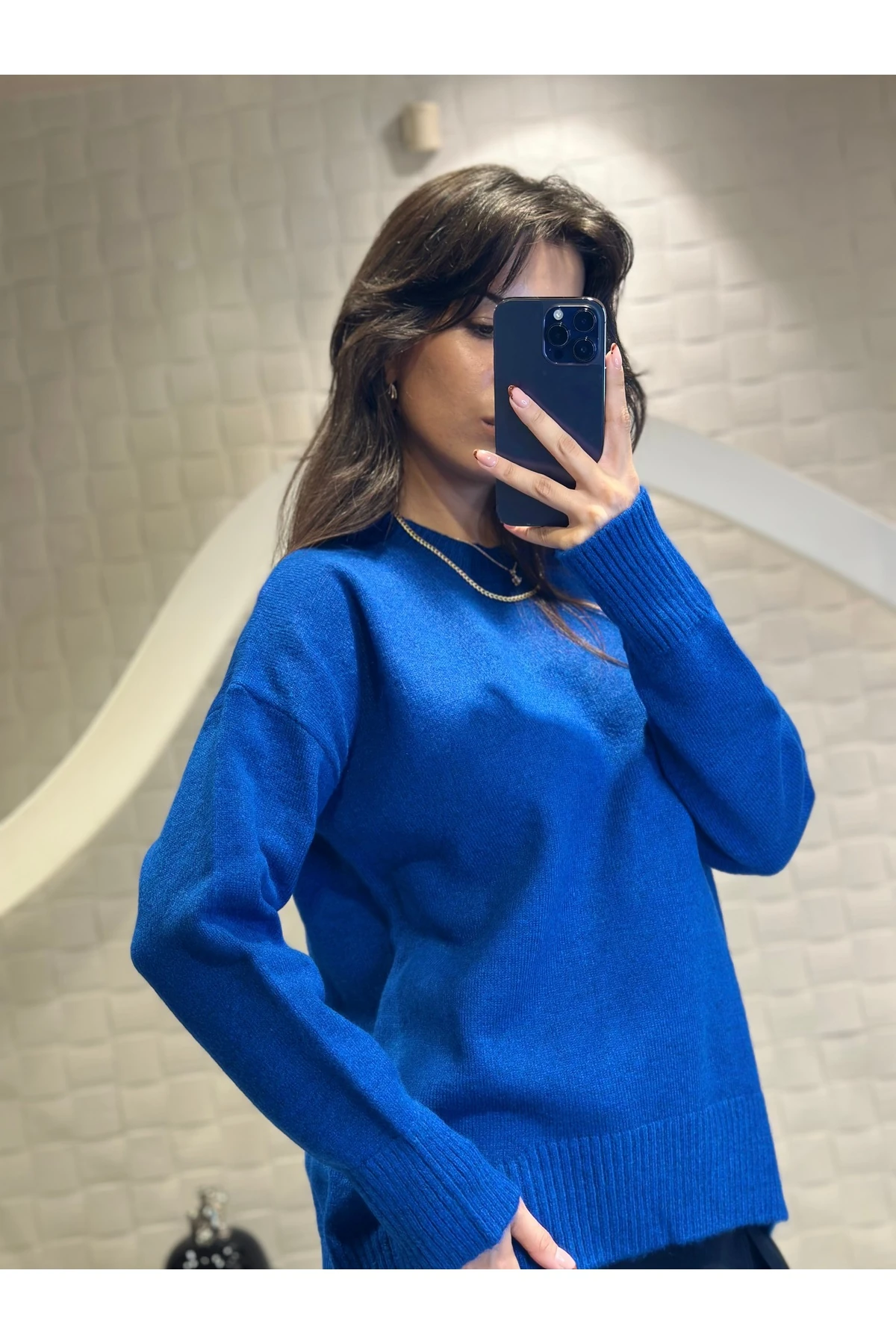 Mavi Bisiklet Yaka Salaş Triko Kazak