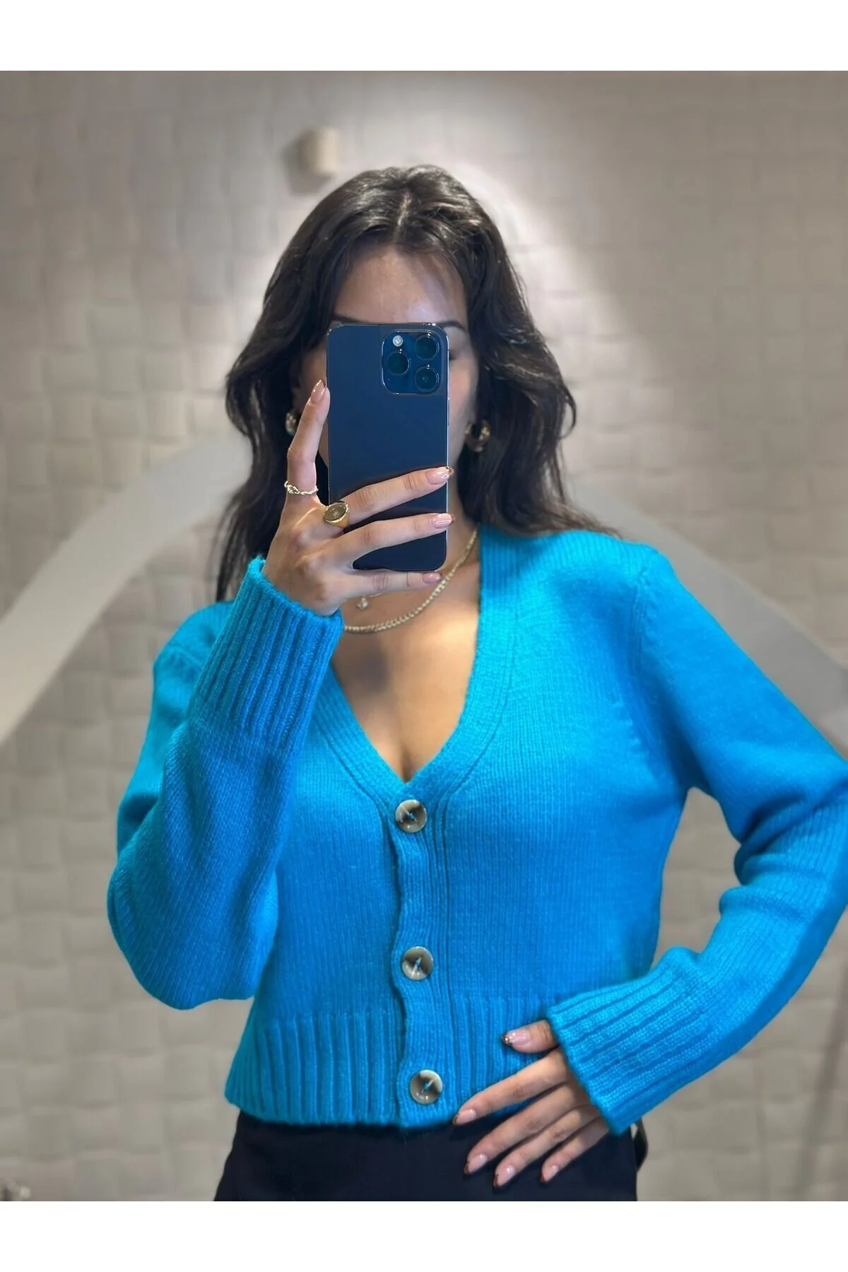 Kadın V Yaka Örgü Crop Hırka Turkuaz