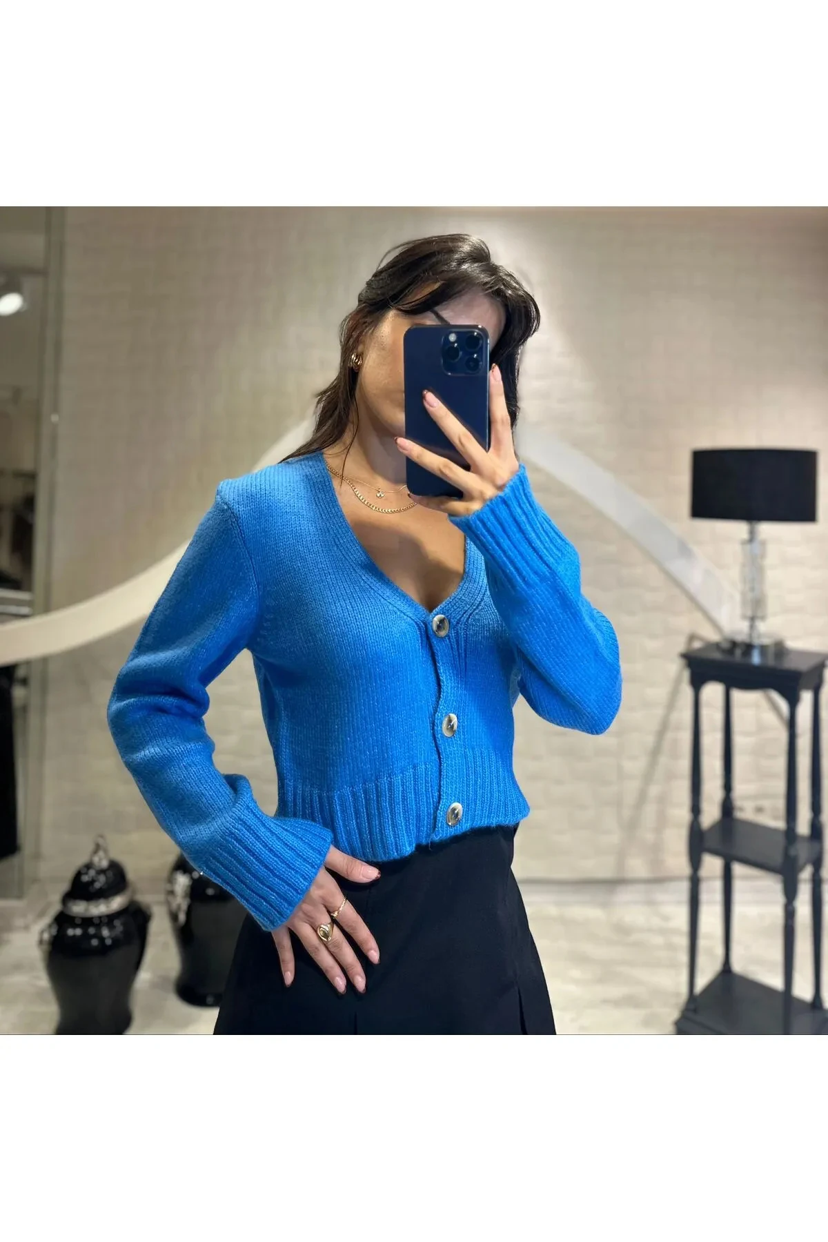 Kadın V Yaka Örgü Crop Hırka Mavi