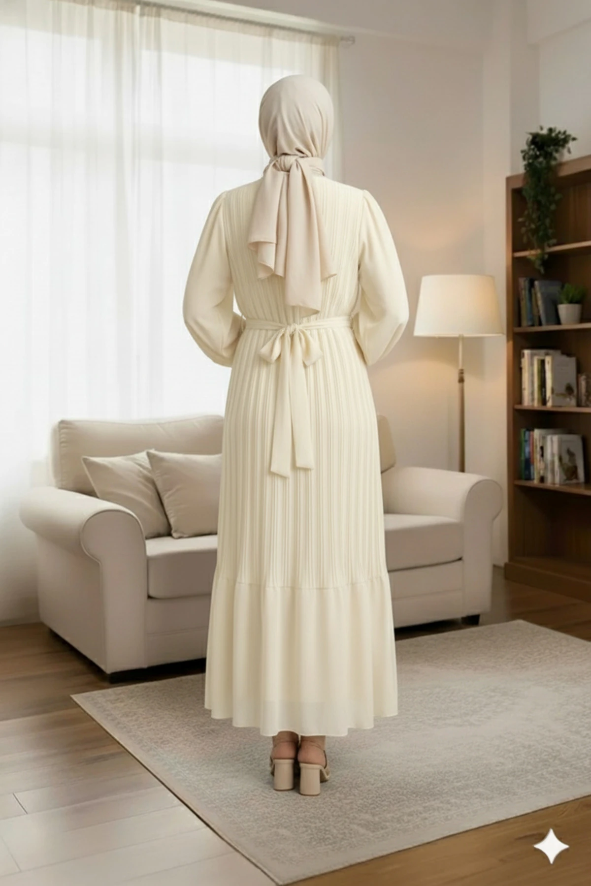 Krem Piliseli Şifon Tesettür Elbise