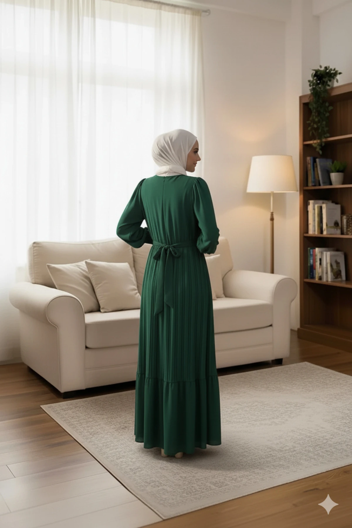 Zümrüt Piliseli Şifon Tesettür Elbise