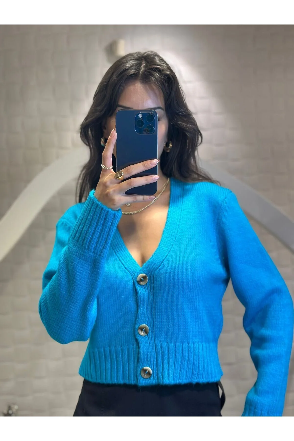 Kadın V Yaka Örgü Crop Hırka Turkuaz