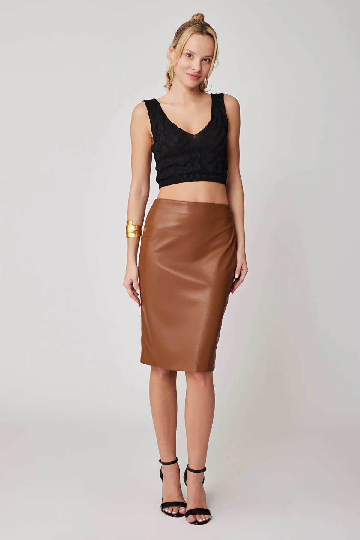 Kadın Kahverengi Arkası Yırtmaçlı şardonlu Deri Kalem Etek