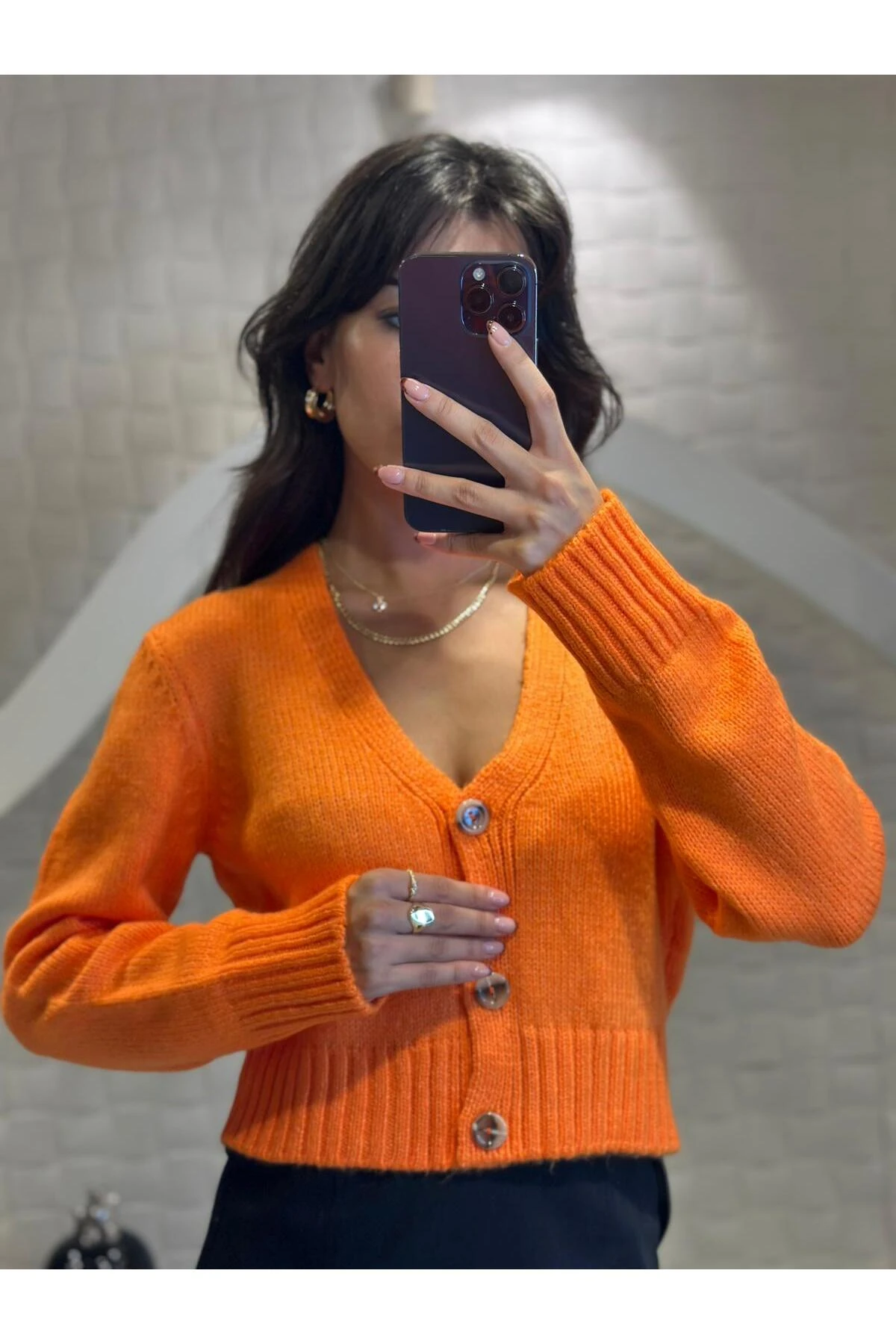 Kadın V Yaka Örgü Crop Hırka Orange